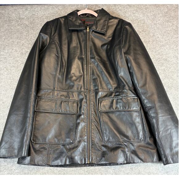 VINTAGE Phase Two Leather Jacket Womens Large Black Full Zip Bomber Moto Biker - Picture 1 of 6